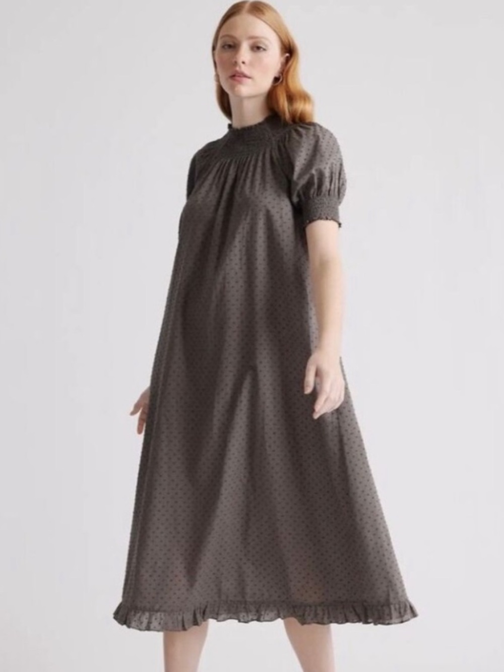 Quince Charcoal Gray Swiss Dot Smocked Midi 100% Cotton Puff Sleeve Large - Picture 2 of 11